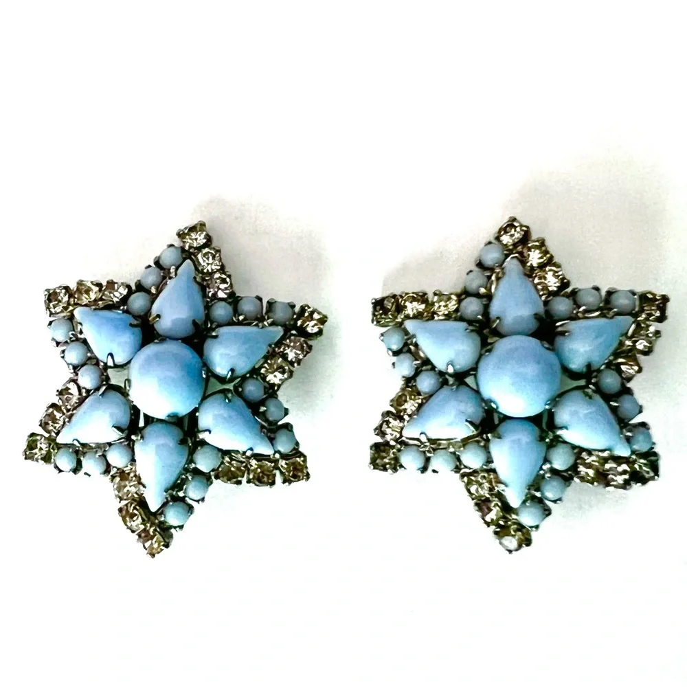 Vintage Designer LaRel Rhinestone Earrings Baby Blue Milk Glass Stars Ear Clips